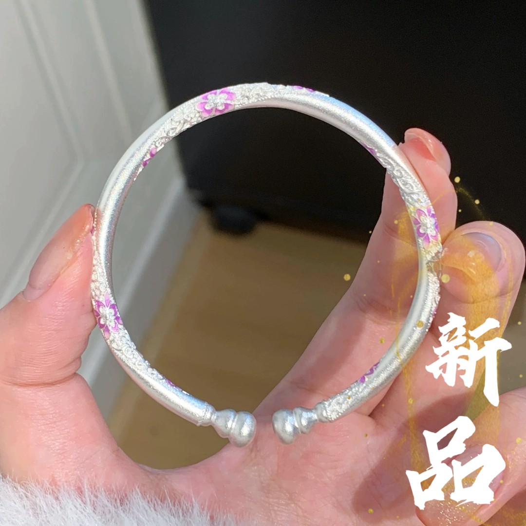 足银手镯 4号-珐琅粉桃花葫芦【开口】手镯