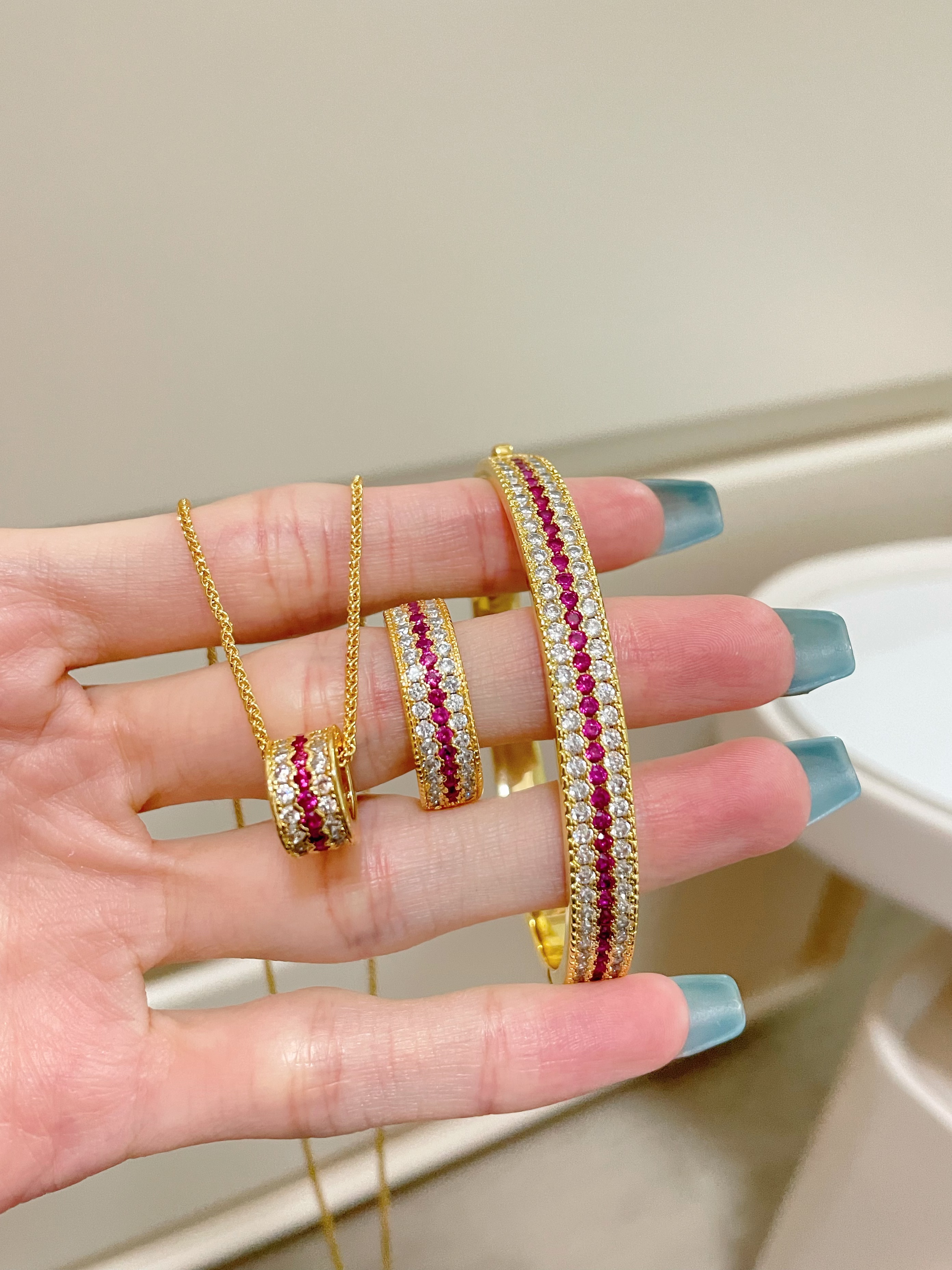 铜合金锆石戒指 闪动蔷薇【三排锆红宝】石戒指小众网红路路通项链