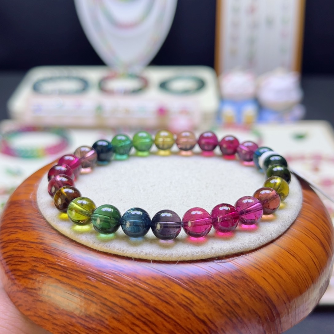 碧玺手链未镶嵌7.5mm色标彩虹