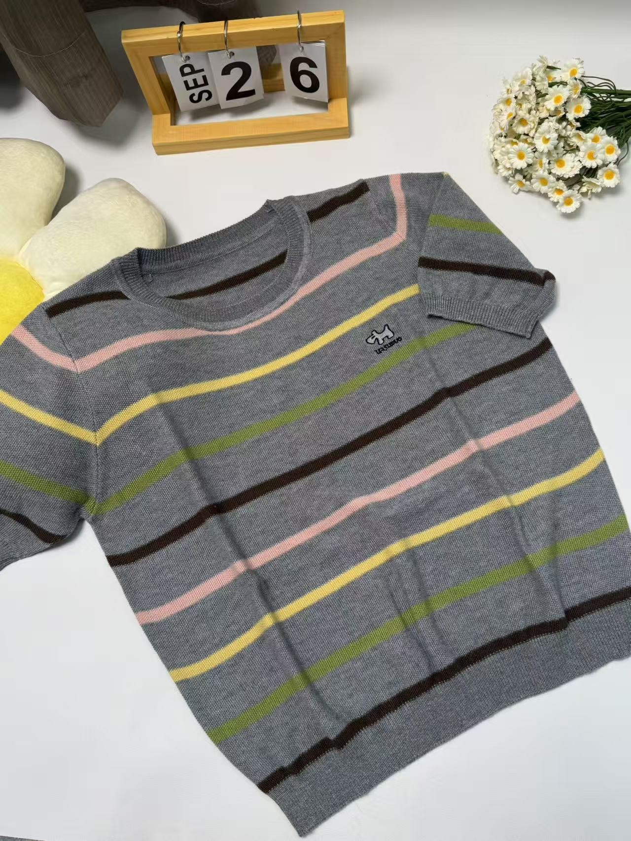 【欧琲】C-125#圆领彩条小狗针织短袖