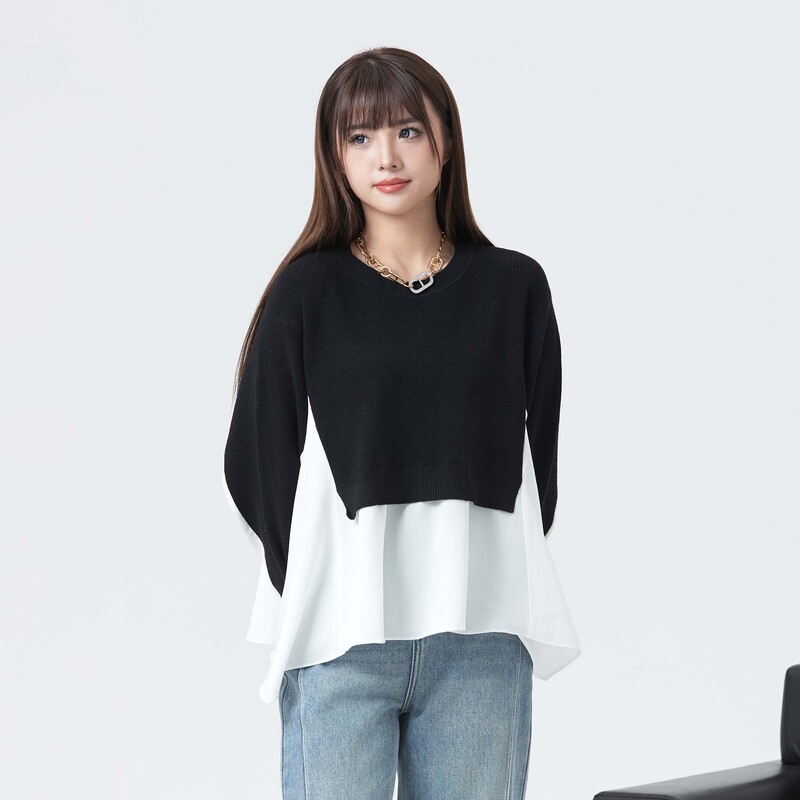 sdeer圣迪奥女装时尚休闲罗纹圆领撞色拼接宽松针织衫S24183507