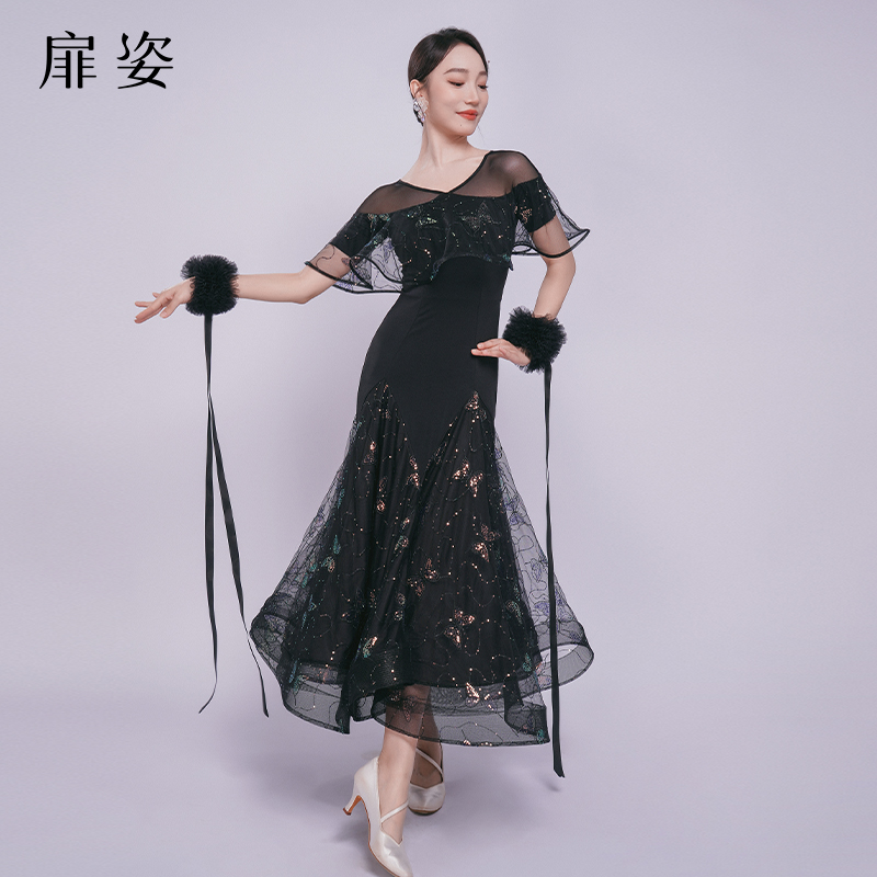 扉姿 摩登舞裙女国标舞亮片比赛裙新款交谊舞洋气跳舞连衣裙F3057