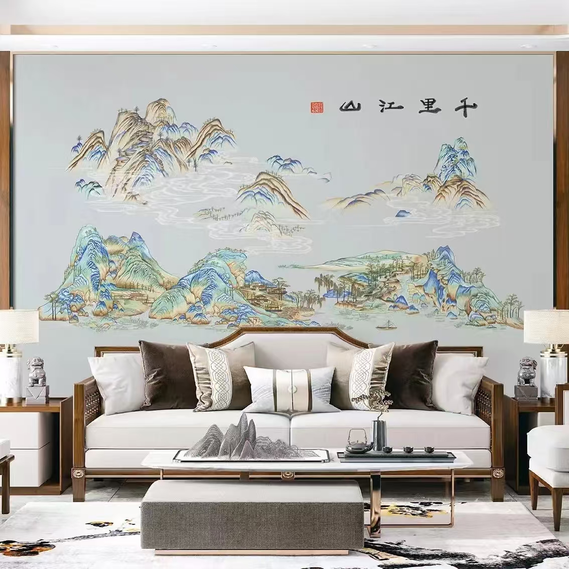 千里江山山居图刺绣壁布用于沙发茶室书房装饰