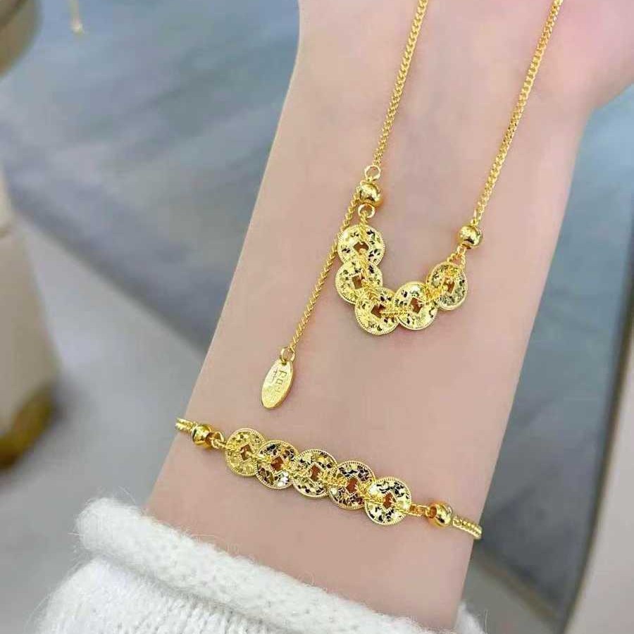 新中式爆闪碎碎冰五帝钱手链项链女轻奢小众精致百搭高颜值手饰礼