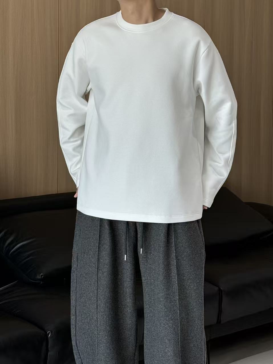 长袖纯色不起球男士打底衫落肩袖冬季磨毛加厚打底衫圆领拼接长T