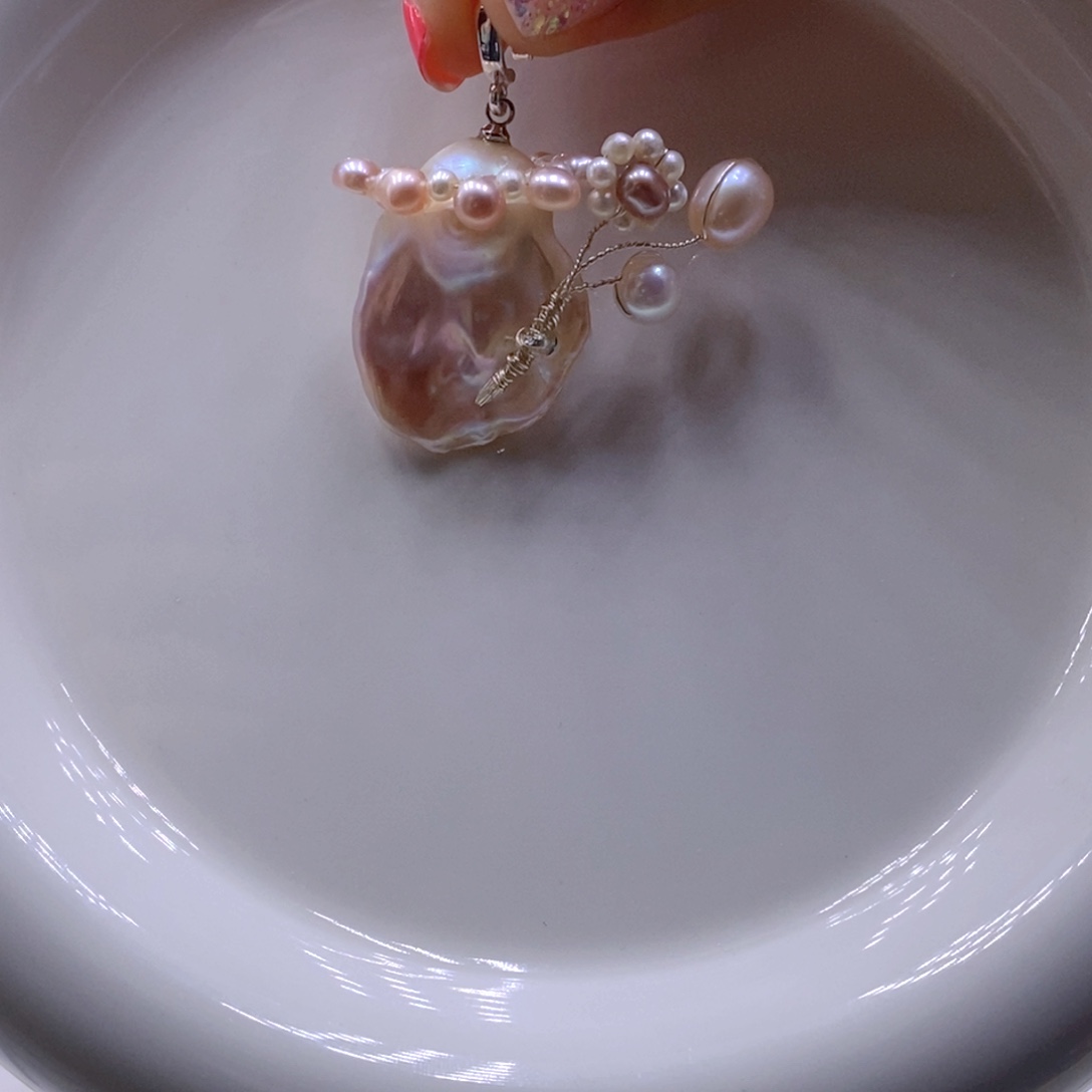 淡水珍珠耳饰银S925镶嵌吊坠
