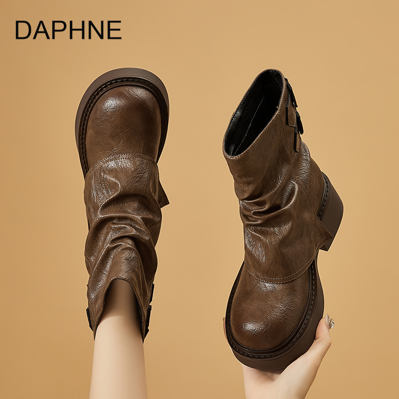 Daphne/达芙妮2025秋季新款靴子时尚百搭中筒靴圆头秋季04259