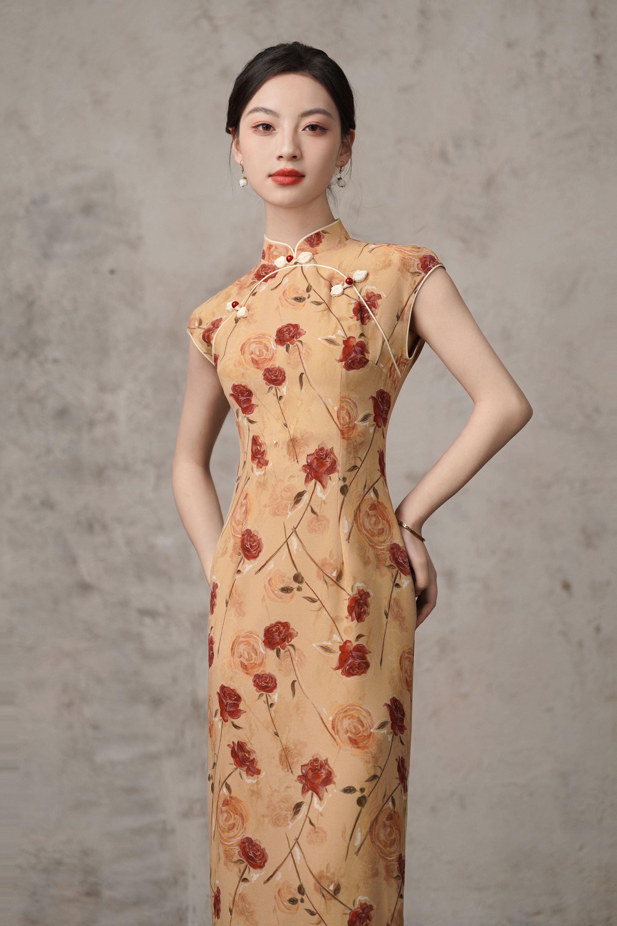 9025-长裙日常立领无袖短袖新中式旗袍少女印花气质muji风