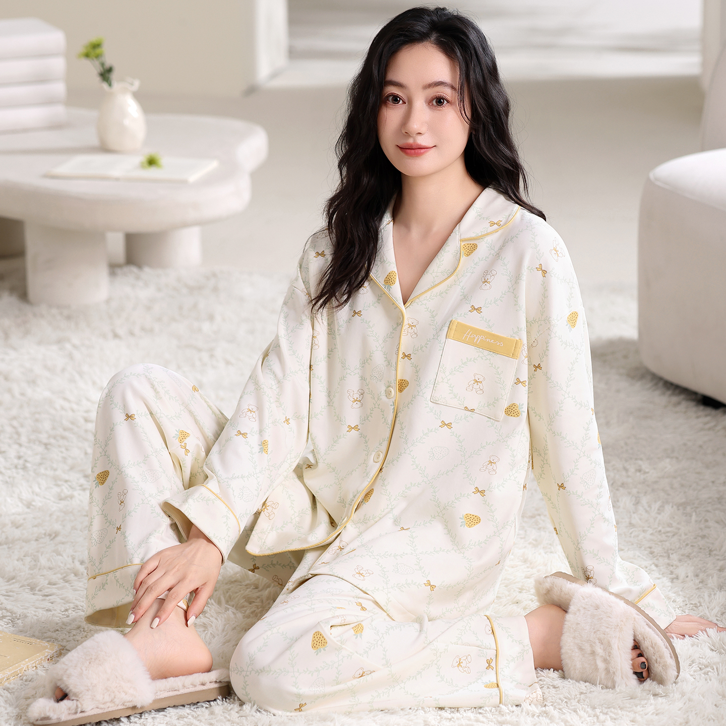 新款莉莉家女士纯棉草莓布偶熊开衫长袖长裤睡衣家居服套装可外穿