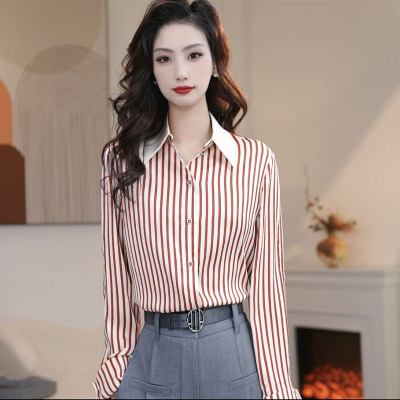 【商场同款】春款撞色竖条纹长袖衬衫休闲显瘦翻领拼接衬衣5301098