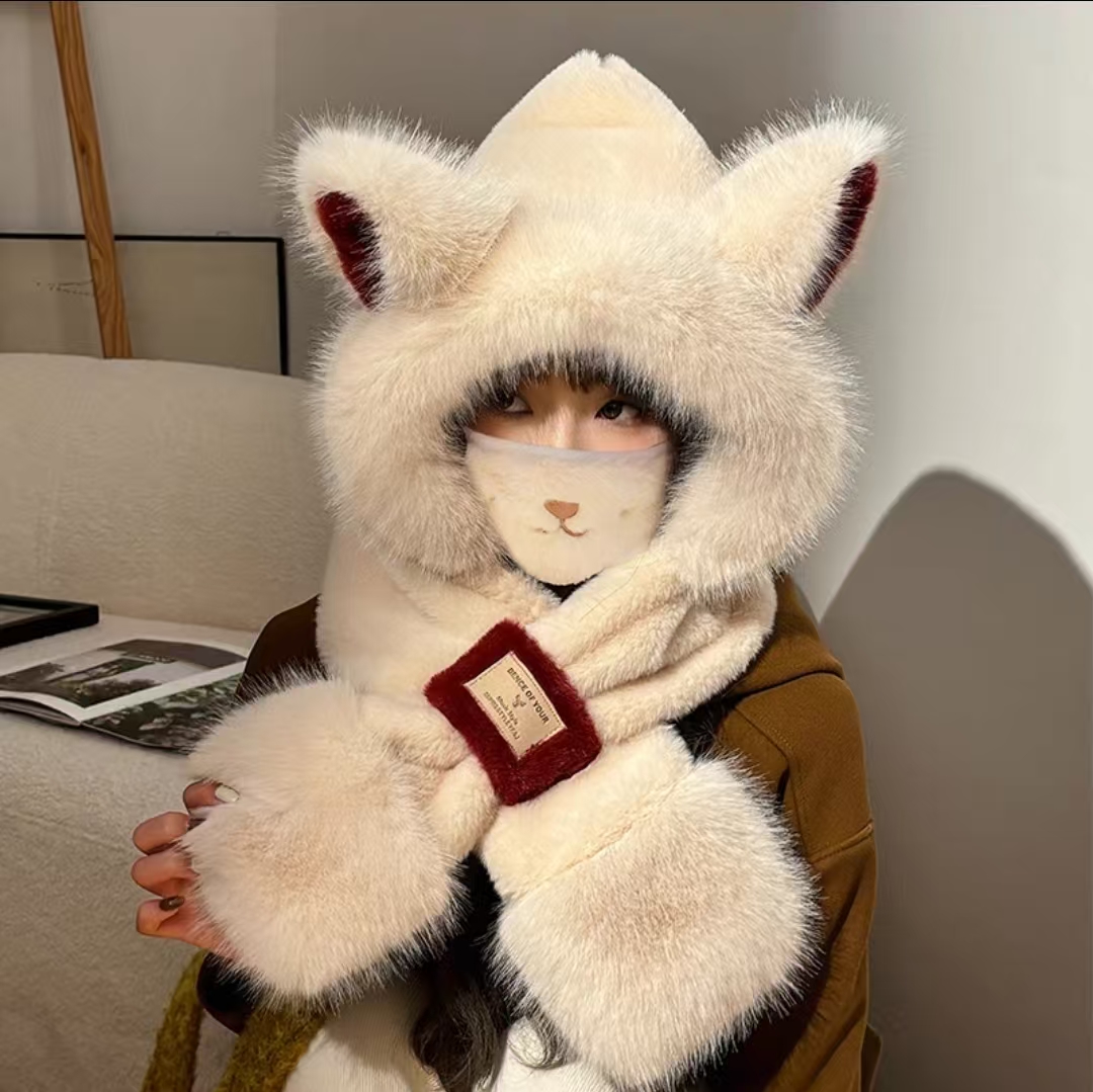 【帽子-围巾-红标耳朵-米】柔软亲肤透气保暖时尚