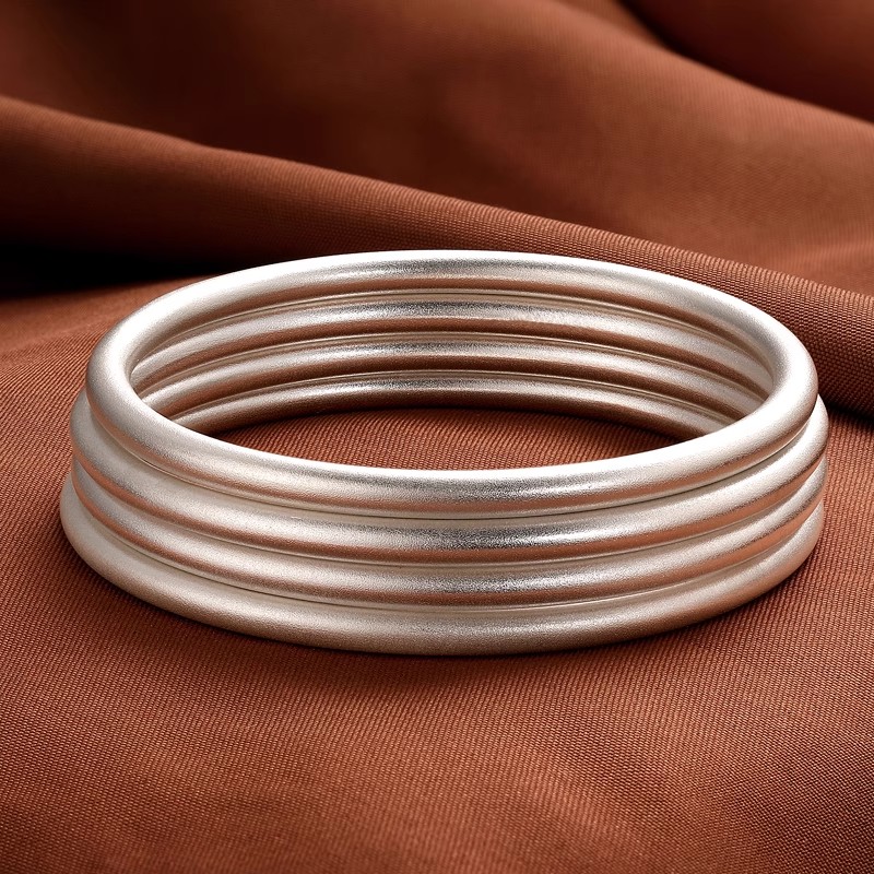 纯银999古法素圈银手镯女款磨砂闭口足银镯子情人节礼物