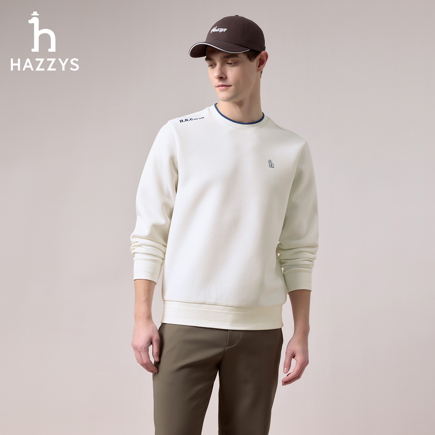 【商场同款】HAZZYS哈吉斯秋冬季男士套头卫衣纯色圆领简约长袖T恤