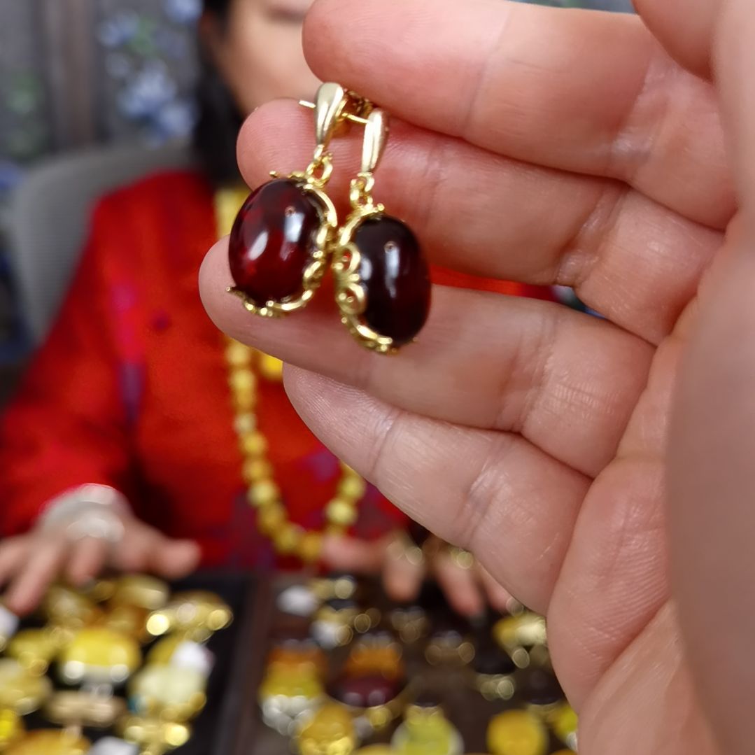 琥珀耳饰银S925镀金镶嵌耳环