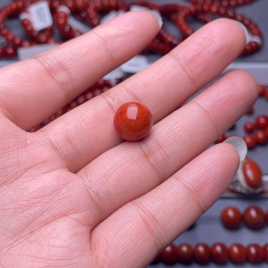 墨***青南红玛瑙未镶嵌配珠13.2mm瓦西柿子红火焰纹单珠