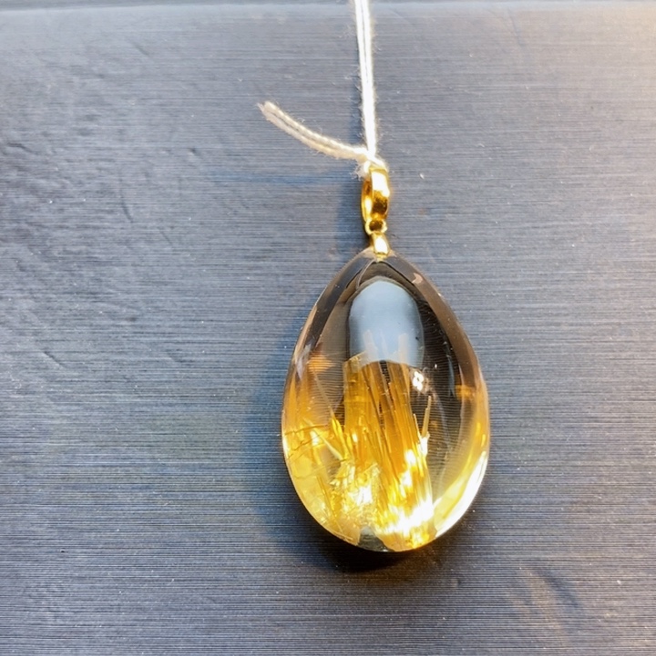 颈饰18K金镶嵌发晶天然白体黄钛晶水滴锁骨链吊坠