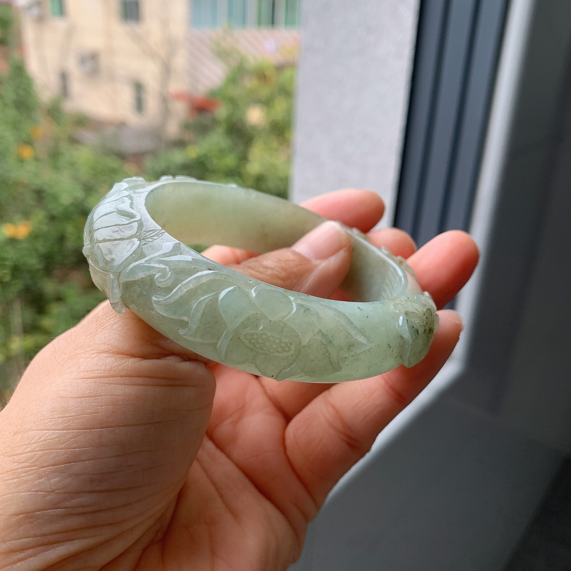 翡翠A货冰胶雪梨黄荷花鱼手镯56.4-16.8-11女款精美