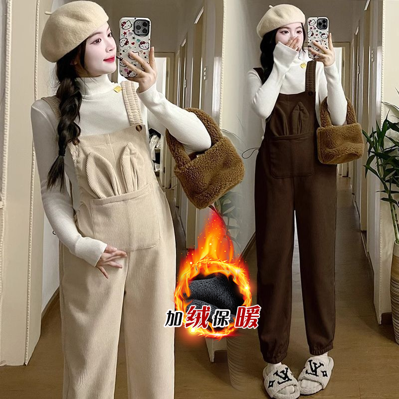 孕妇裤秋冬装2025新款大码休闲套装小个子外穿加绒加厚孕妇背带裤