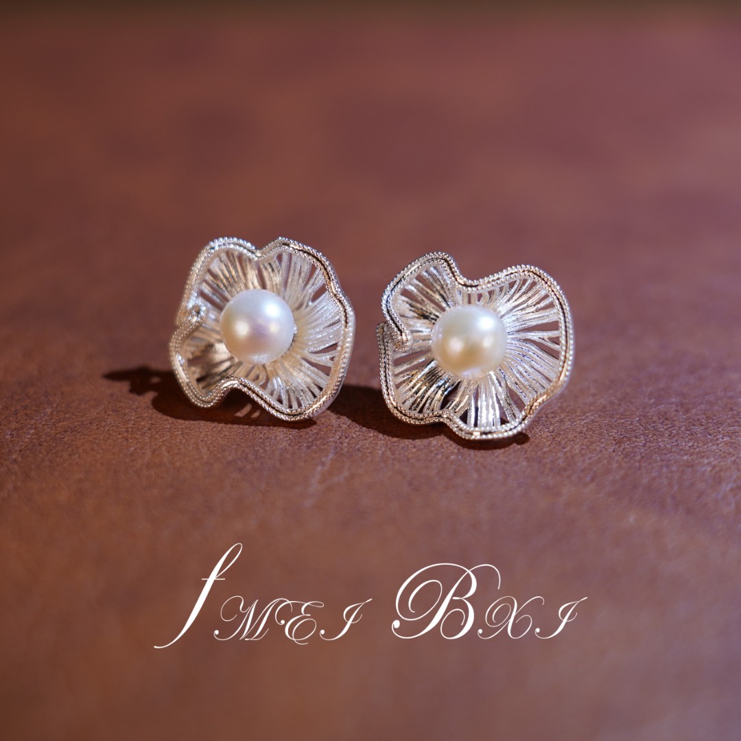 清沧 天然淡水珍珠耳饰 925银针 白荷花珍珠耳钉 9017