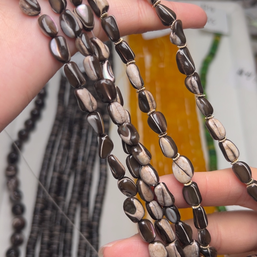 玛瑙/玉髓合金珠宝半成品K221。6mm天然黑金贝豆豆一条