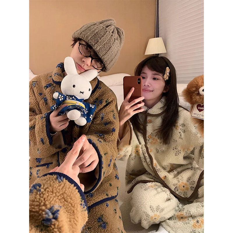 新中式国风花卉摇粒绒睡衣女冬季大码开衫保暖加厚外穿家居服套装