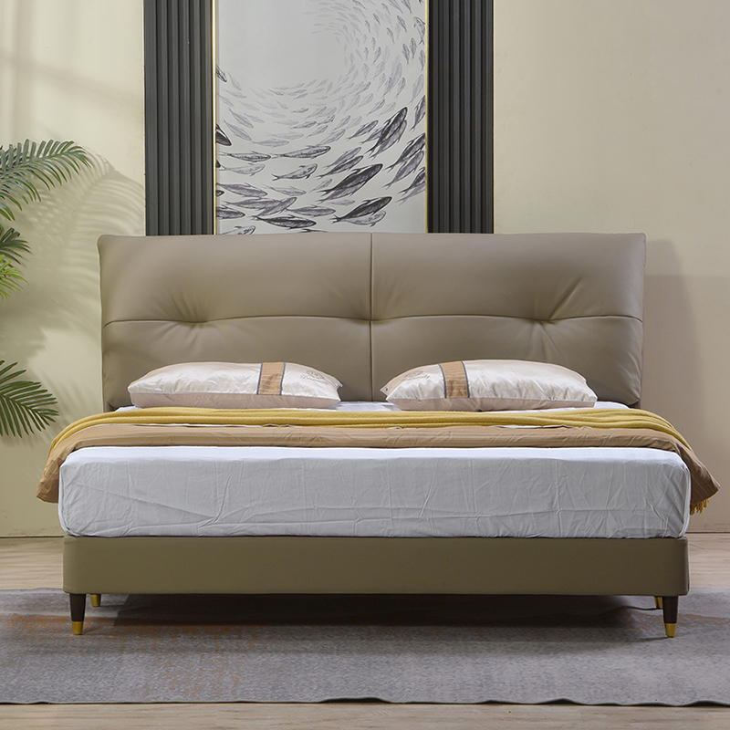 主卧真皮床2459款轻奢极简风格头层牛皮床客厅家用创意床头收纳柜