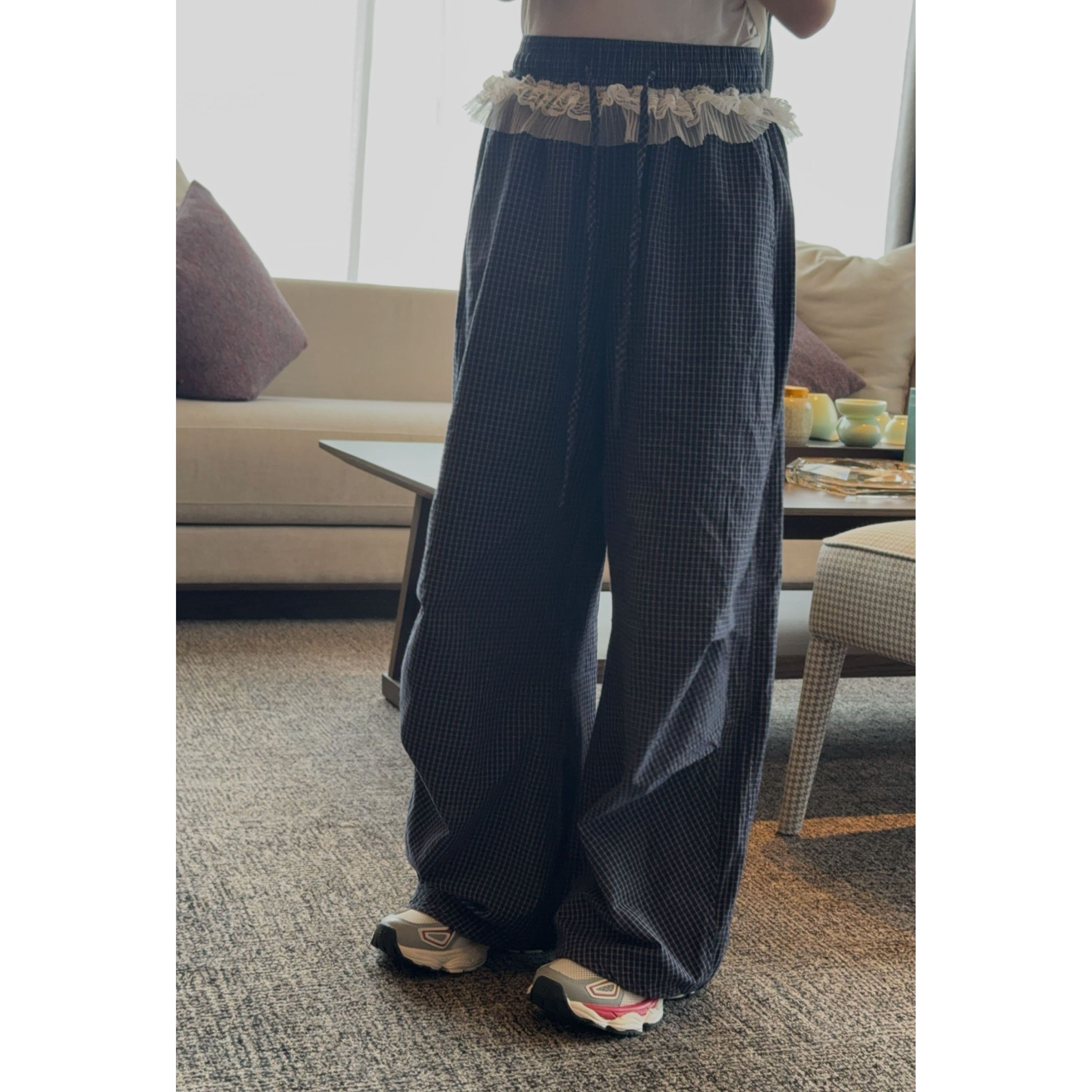 泡妈童装  2025夏季儿童新款女童休闲格子蕾丝花边6637