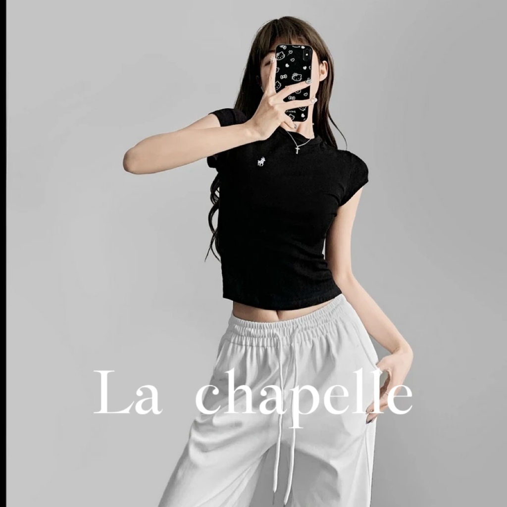 La Chapelle/拉夏贝尔刺绣修身正肩短袖夏季新款百搭显瘦短款上衣
