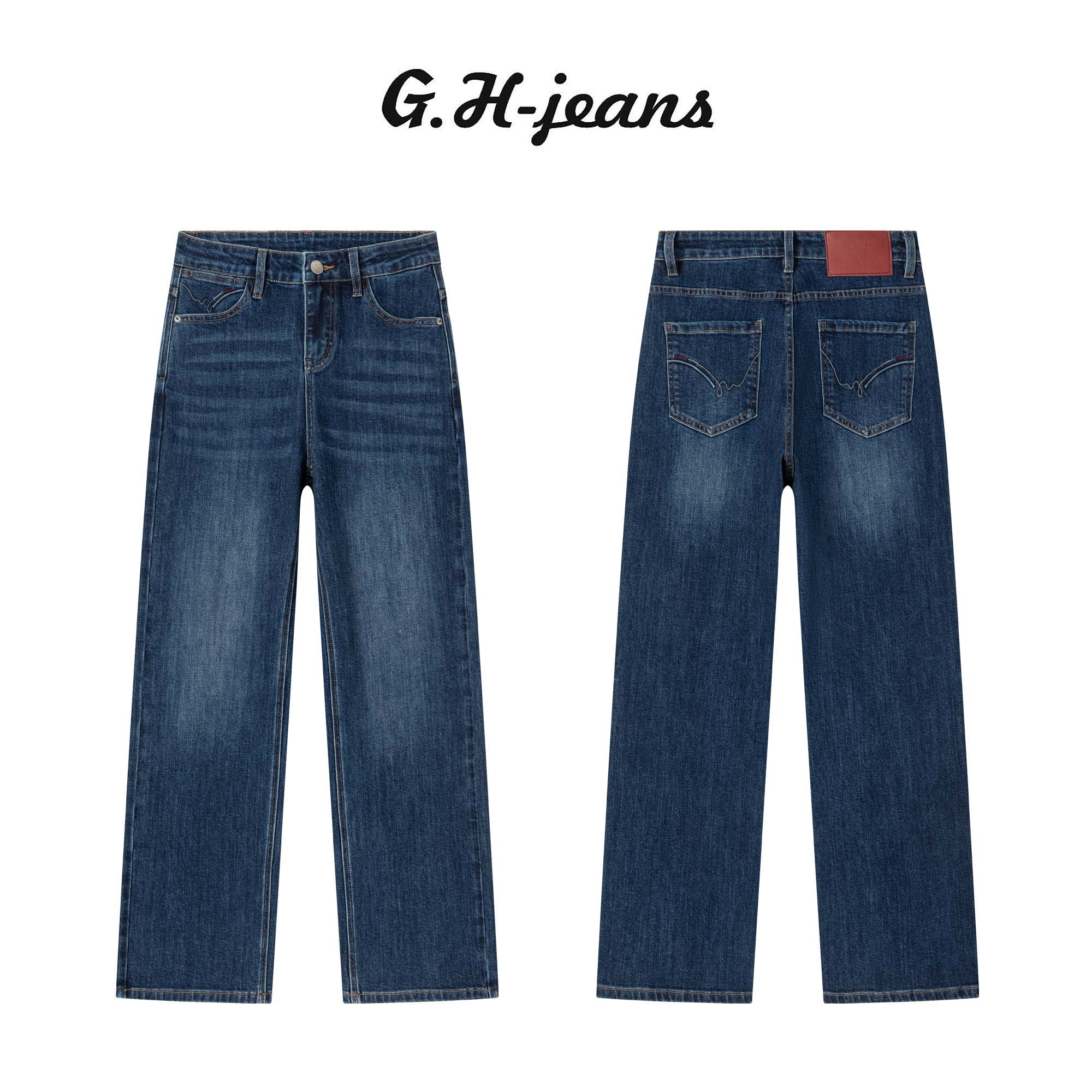 【G.H】单裤冬季新款伯爵蓝复古洗水显瘦四面弹中高腰窄版直筒裤女