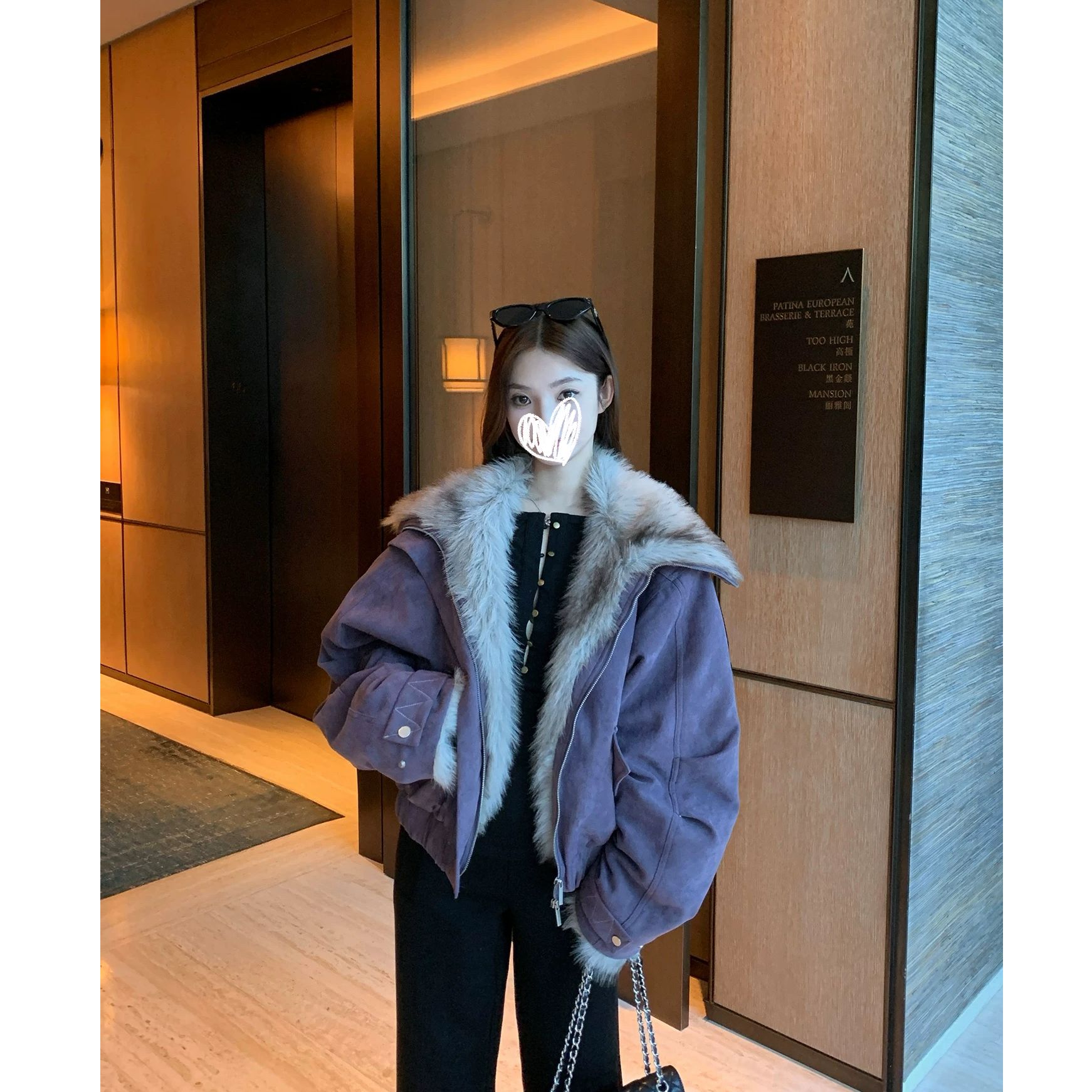 紫色麂皮大毛领翻领绗线廓形工装夹克棉服派克服外套3316