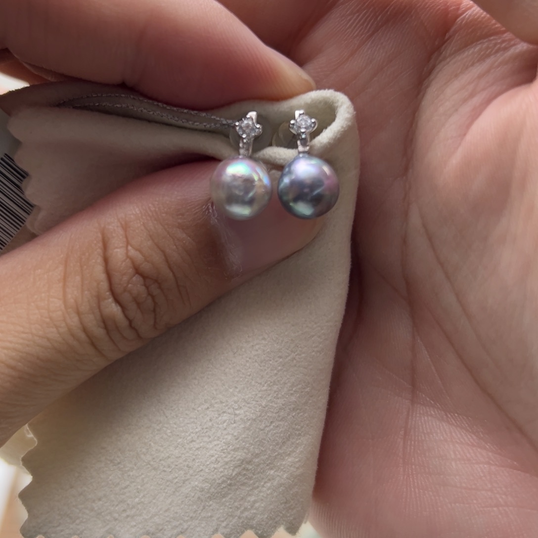 银S925镶嵌耳钉海水珍珠8mm近圆海水真多麻耳钉