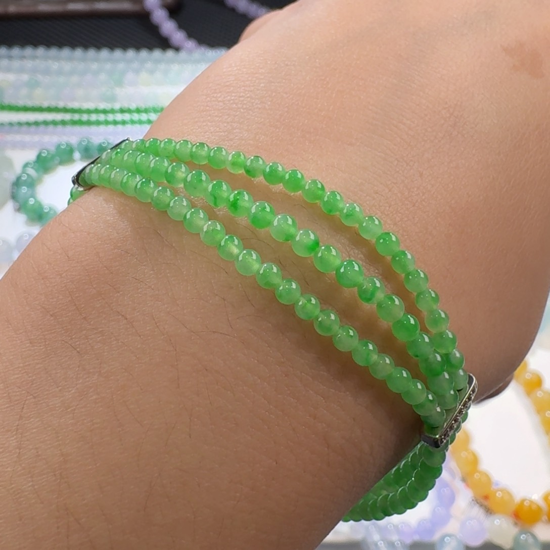 翡翠手链未镶嵌冰飘甜阳绿3圈手串卡3 经典！福利！