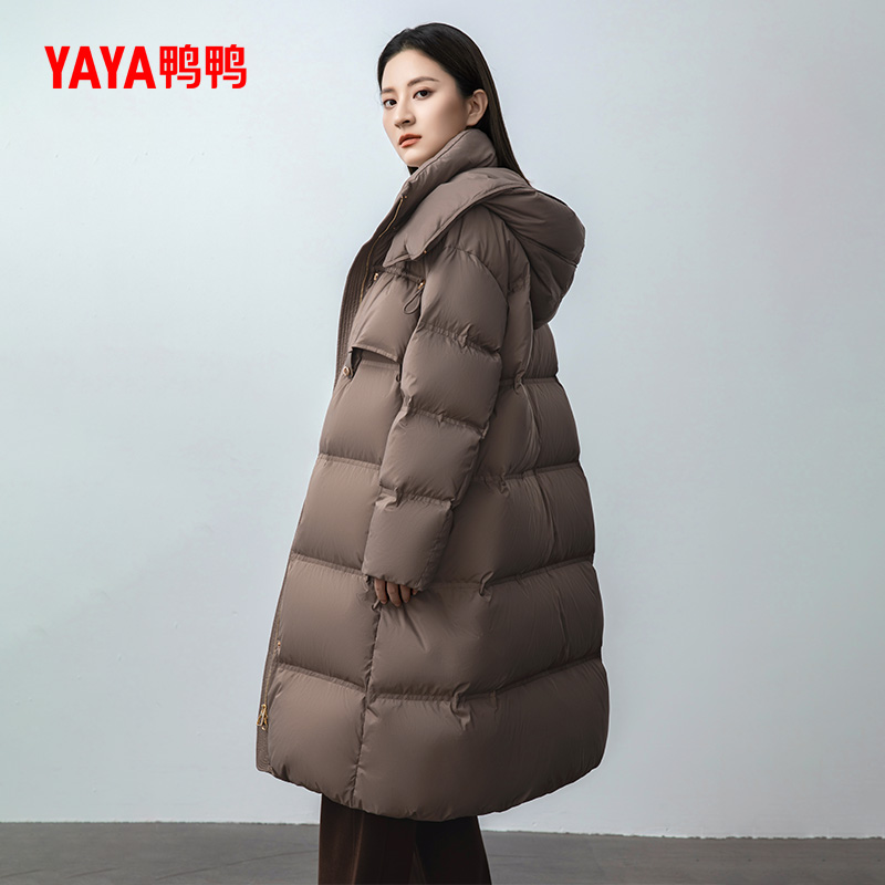 YAYA/鸭鸭美拉德风羽绒服女士过膝中长款连帽气质外套YE3B634545L