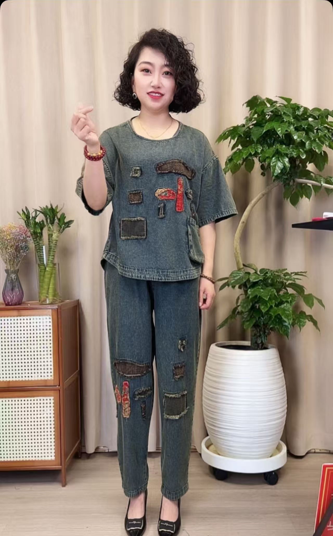 中老年女装夏季新款水洗牛仔棉薄牛仔时尚洋气减龄宽松显瘦套装