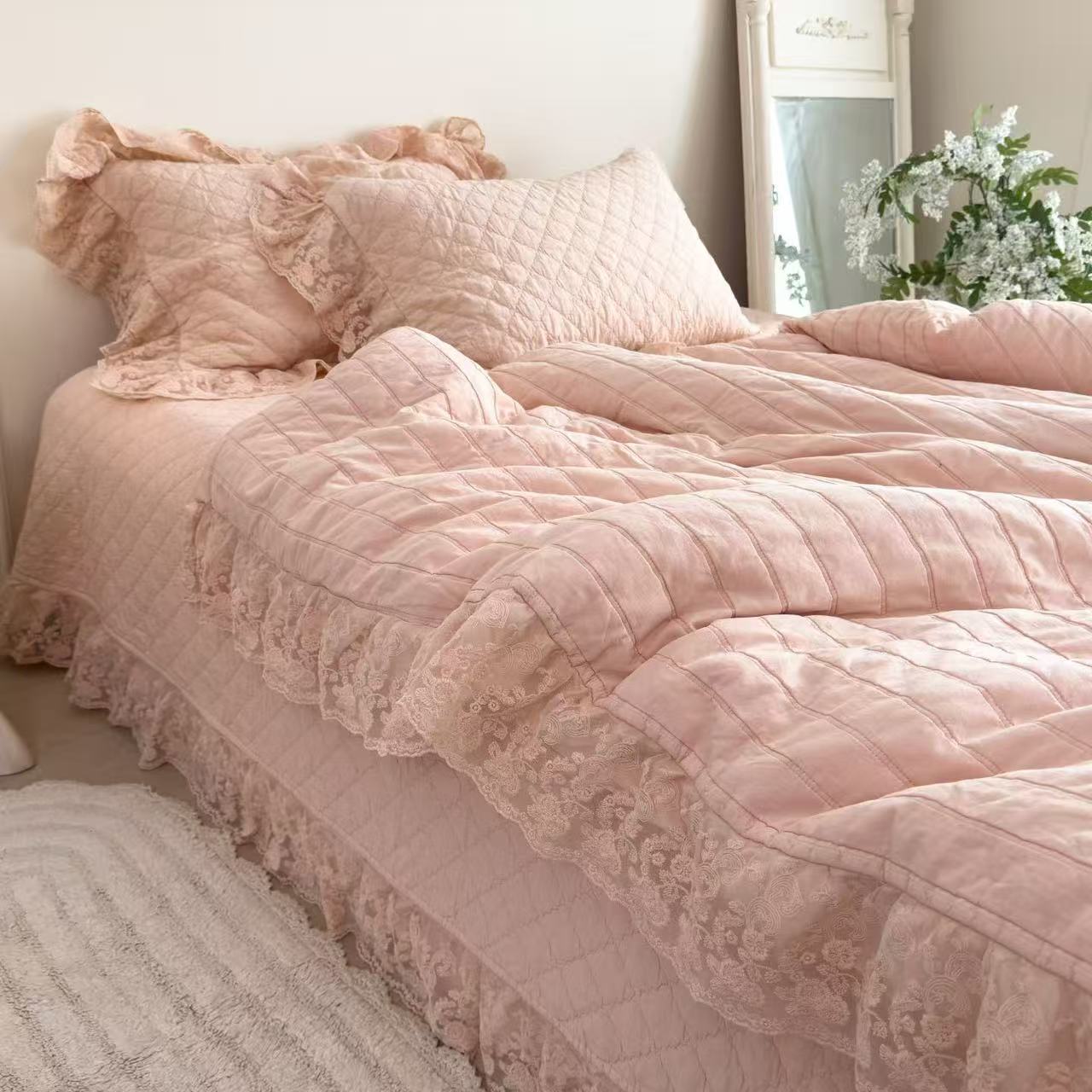 韩版纯棉砂洗床盖四件套双面纯棉亲肤柔软可水洗重工艺刺绣公主风