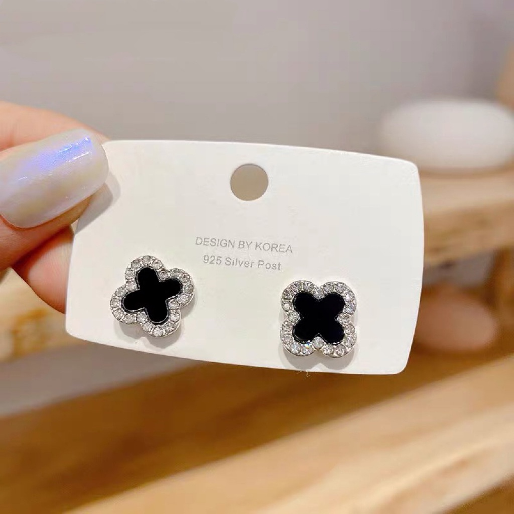 925银耳饰 雪银银匠/纯银四叶草耳钉 百搭轻奢网红黑色气质