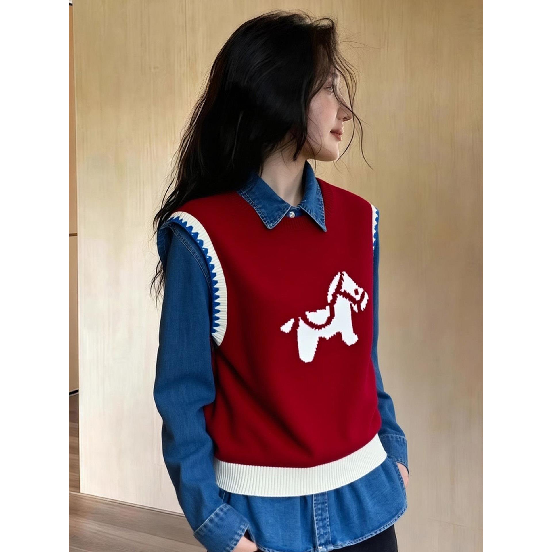 圣诞穿搭红色马年提花外搭叠穿针织马甲背心女2025秋冬季绝美上衣