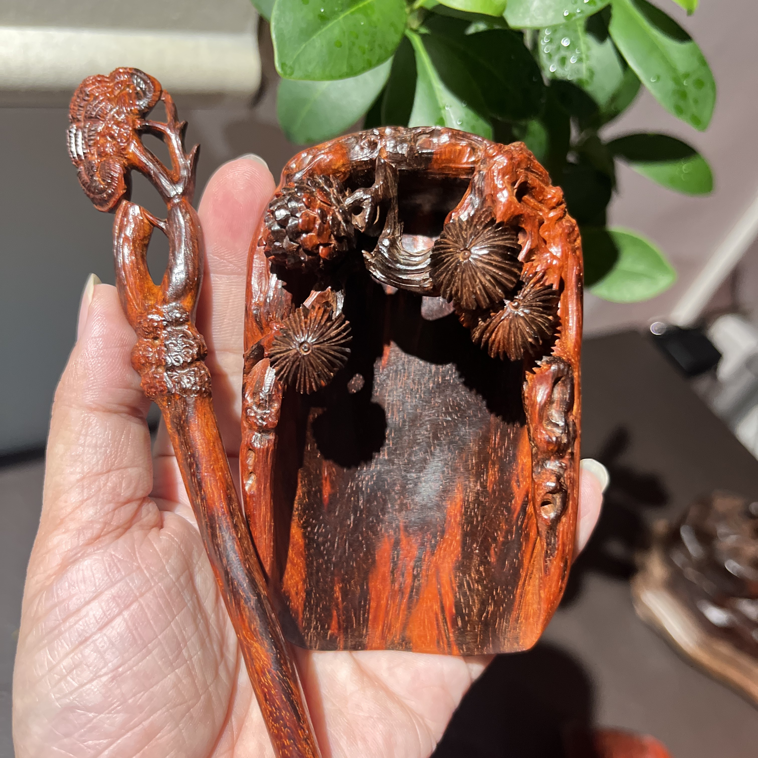 印度小叶紫檀纯手工雕刻茶则茶拨两件套