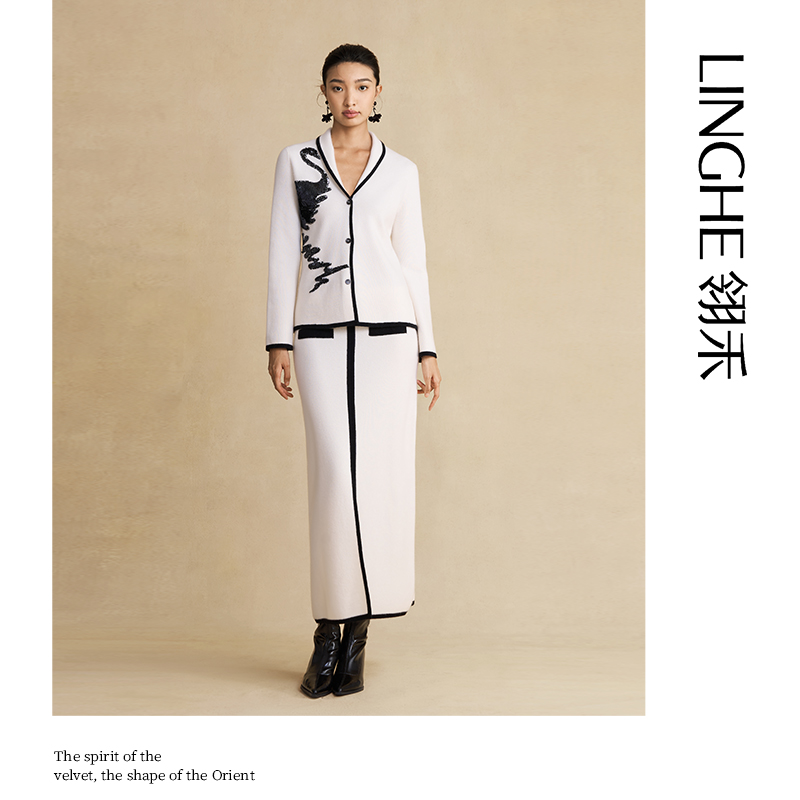 翎禾LINGHE「天鹅湖」-重工天鹅刺绣V领纯羊绒优雅开衫气质时尚