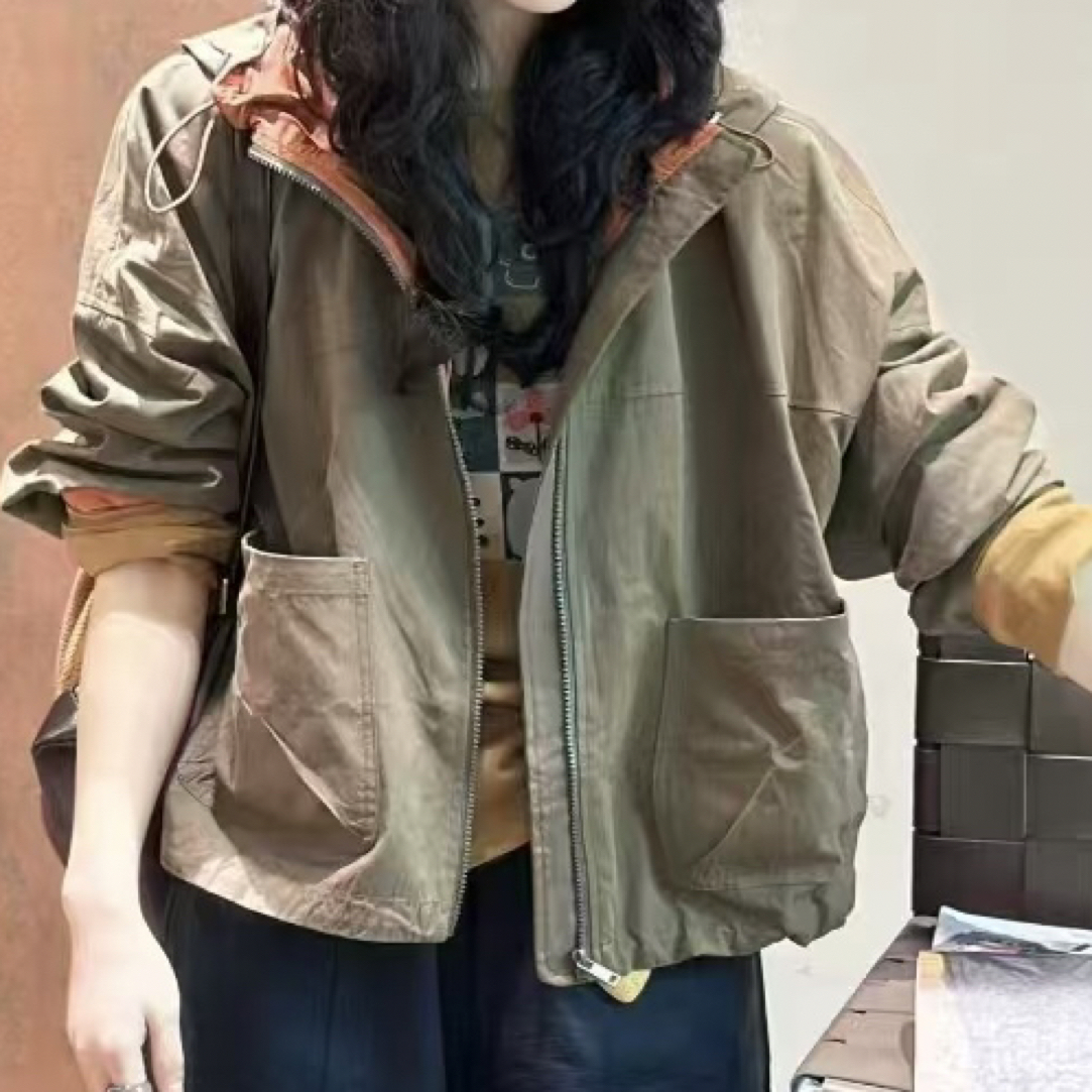 拼色常规运动薄款宽松都市风连帽风衣女防水短外套