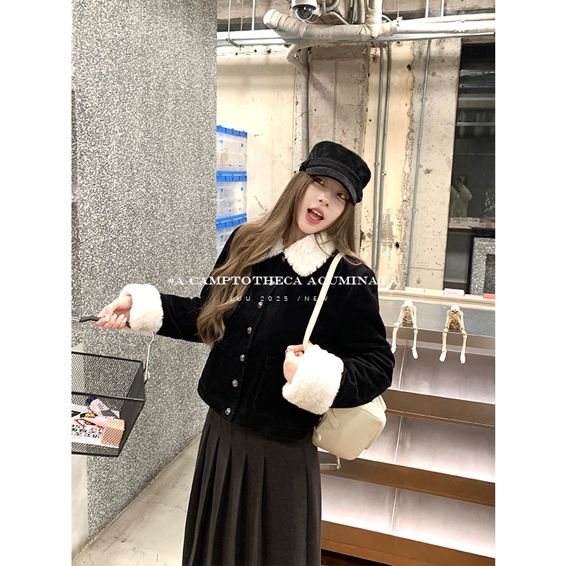 LUU桃喜儿/黑色法式小香风灯芯绒毛毛外套女秋冬设计感小众上衣