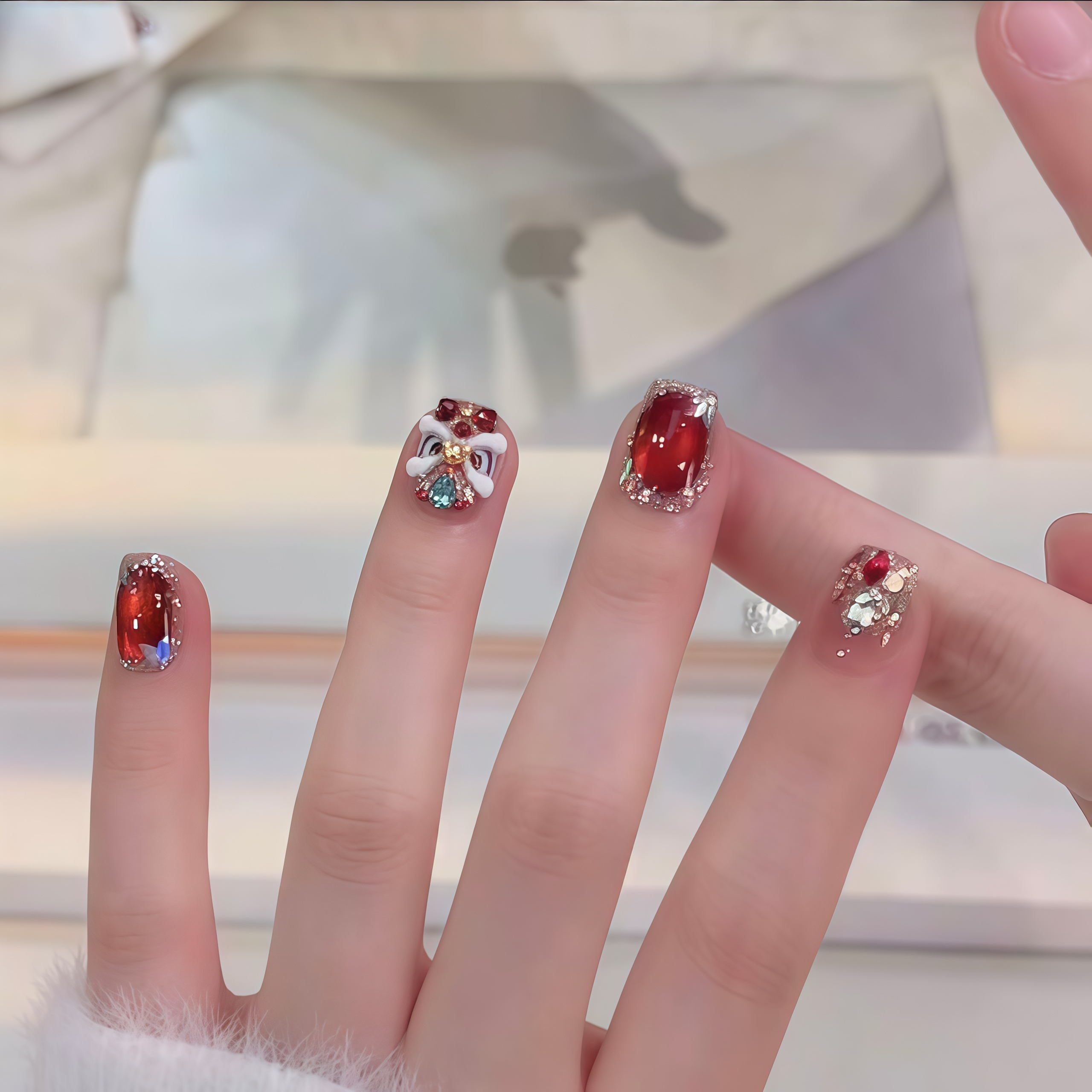 【万事大吉】红色狮子拼钻重工新年猫眼全手工美甲穿戴甲红色美甲片