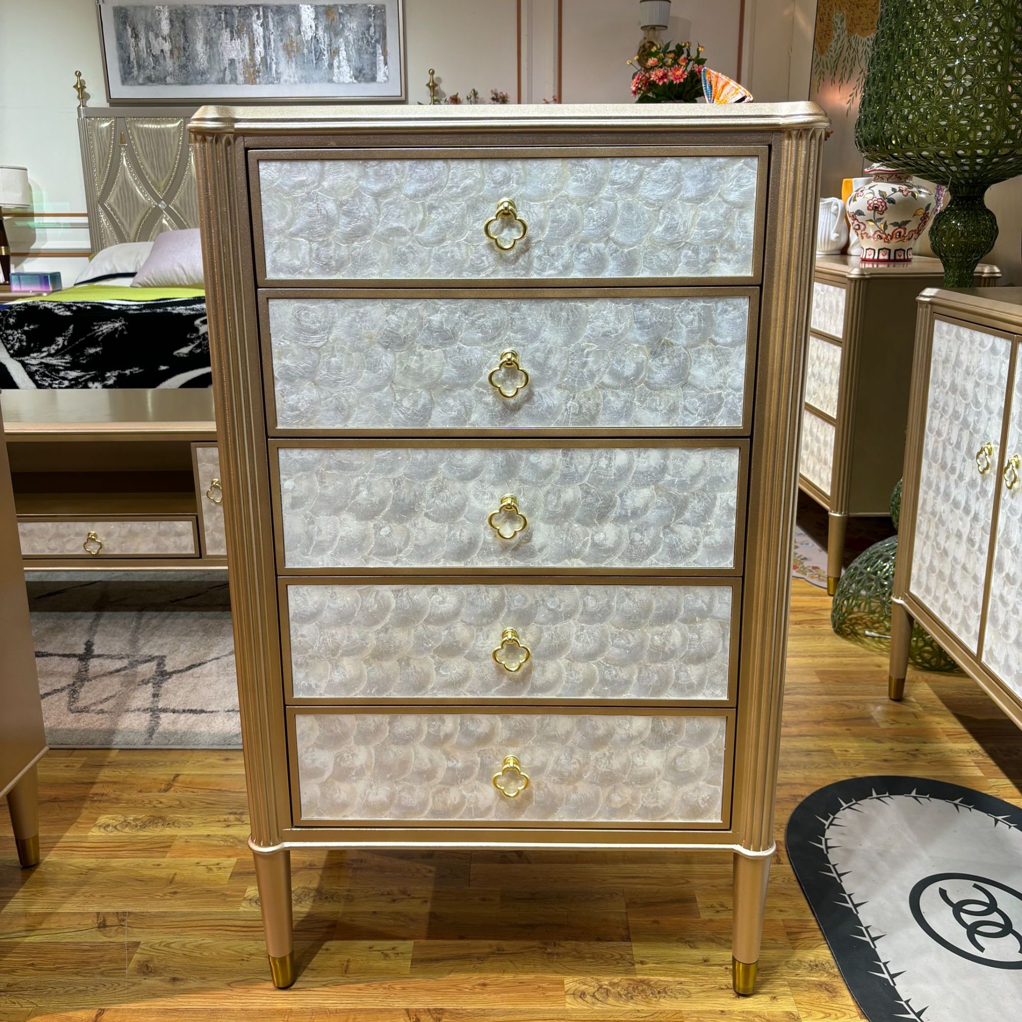 贝壳五斗柜美式轻奢风斗边柜五斗柜欧式抽屉式储物柜