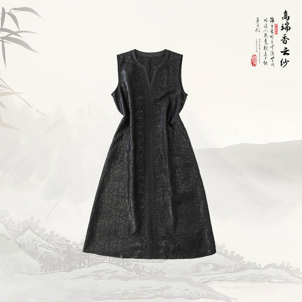 品牌新款V领无袖绣花时尚长款连衣裙52851