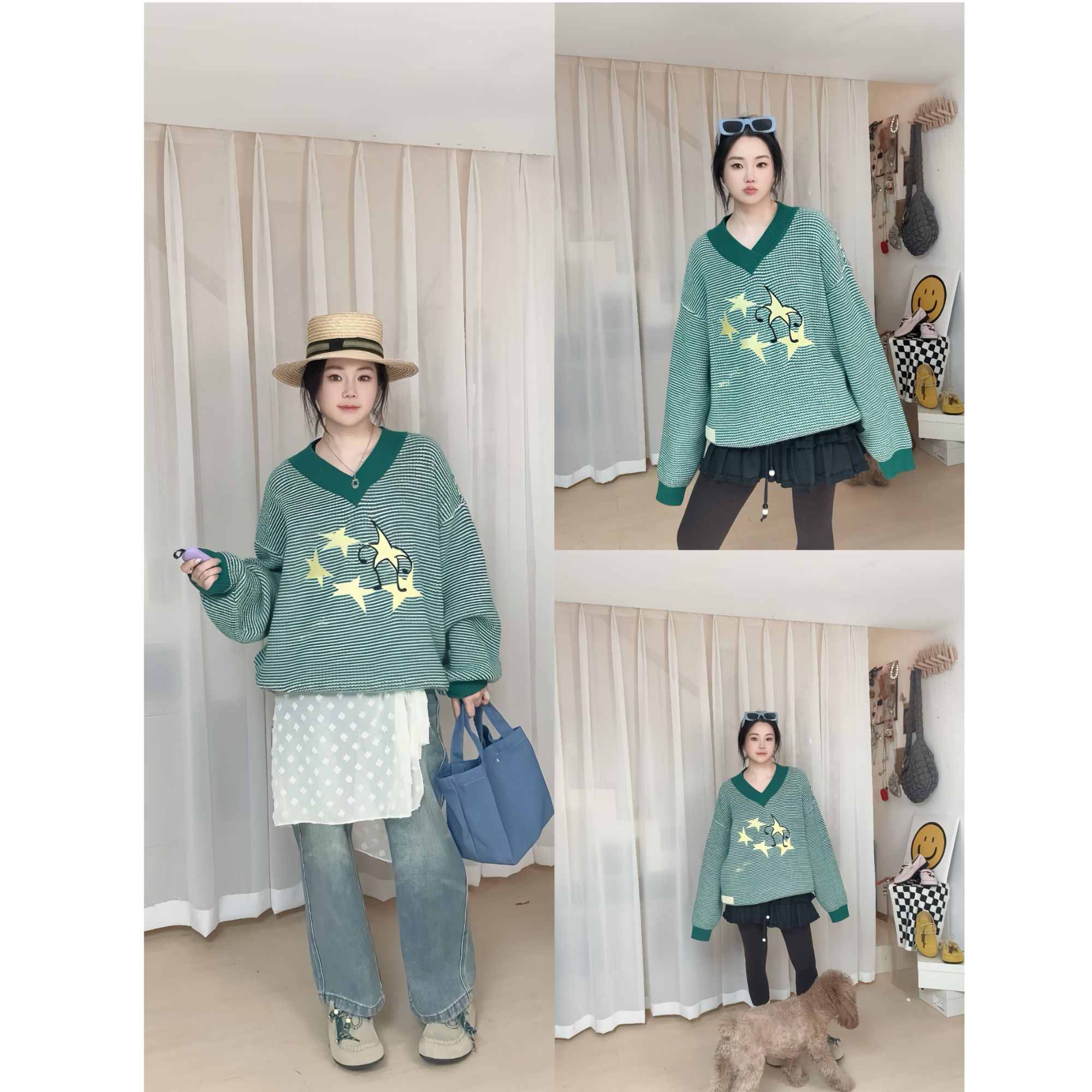 ALL BEINGS 绿白混色刺绣羊毛V领针织衫套头衫上衣女