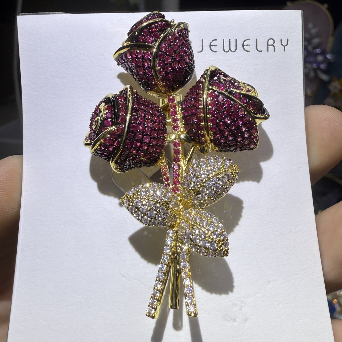 铜合金锆石胸针 1352新品高端双色金红刚玫瑰花束胸针
