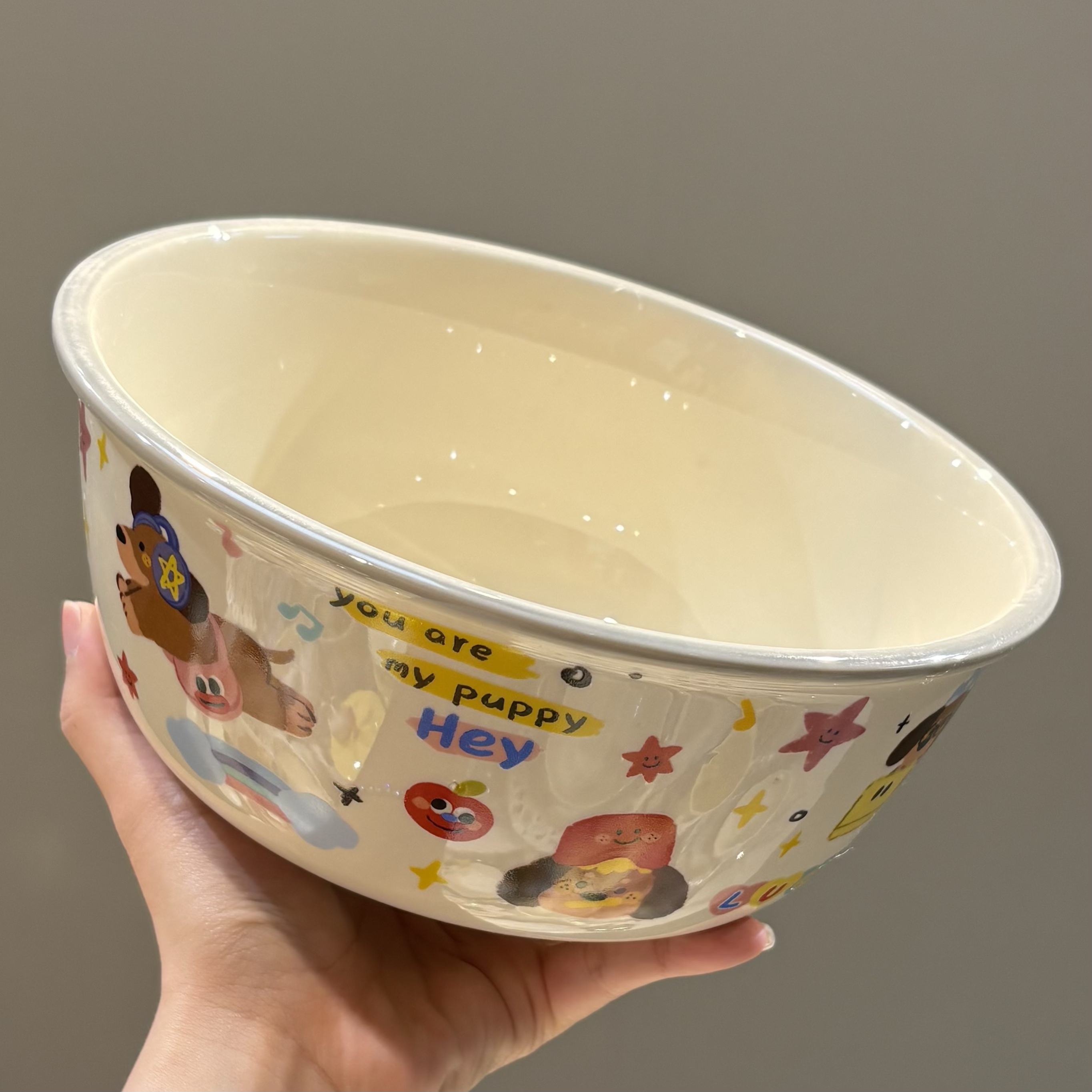 【圈和圆】出口韩国 幸运小狗8寸陶瓷汤碗 泡面碗螺丝碗带灰边