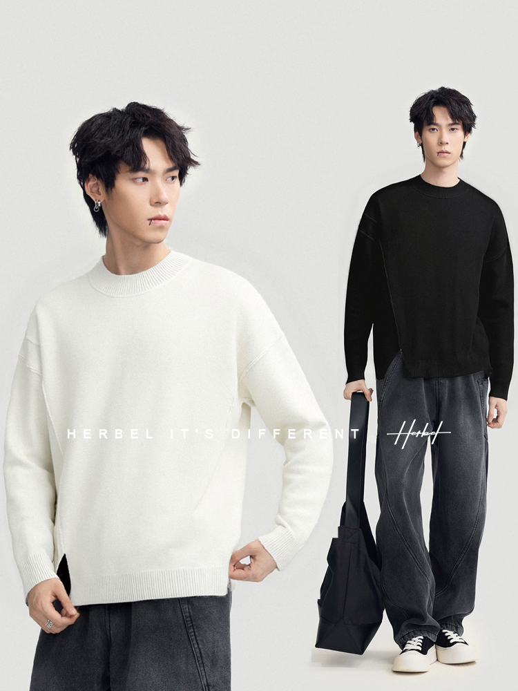 HERBEL黑白2025秋季时尚百搭长袖毛衣多色休闲打底上衣简约男潮流