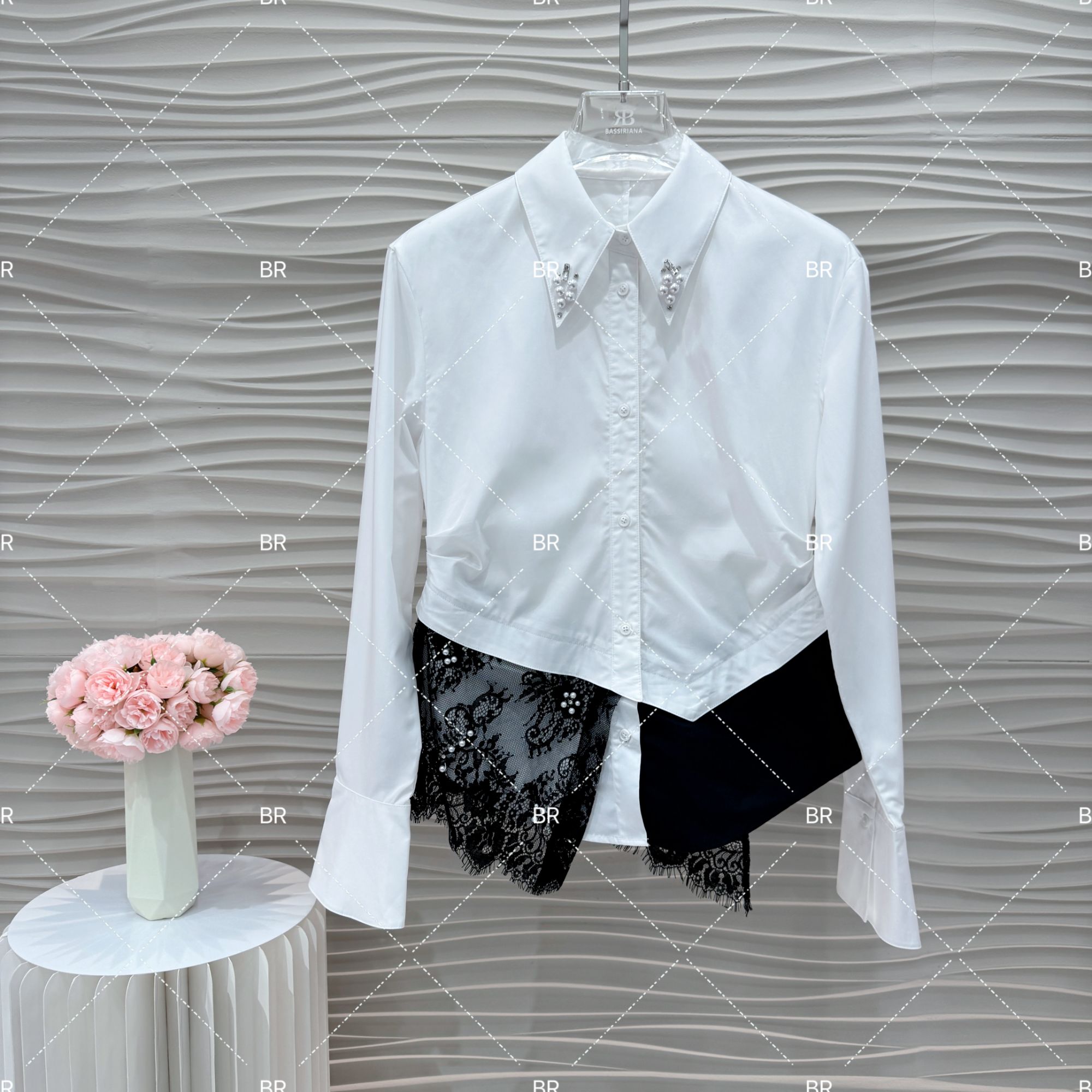 【三三】BR原创设计白色收腰蕾丝拼接衬衫女轻奢高级感翻领上衣5325