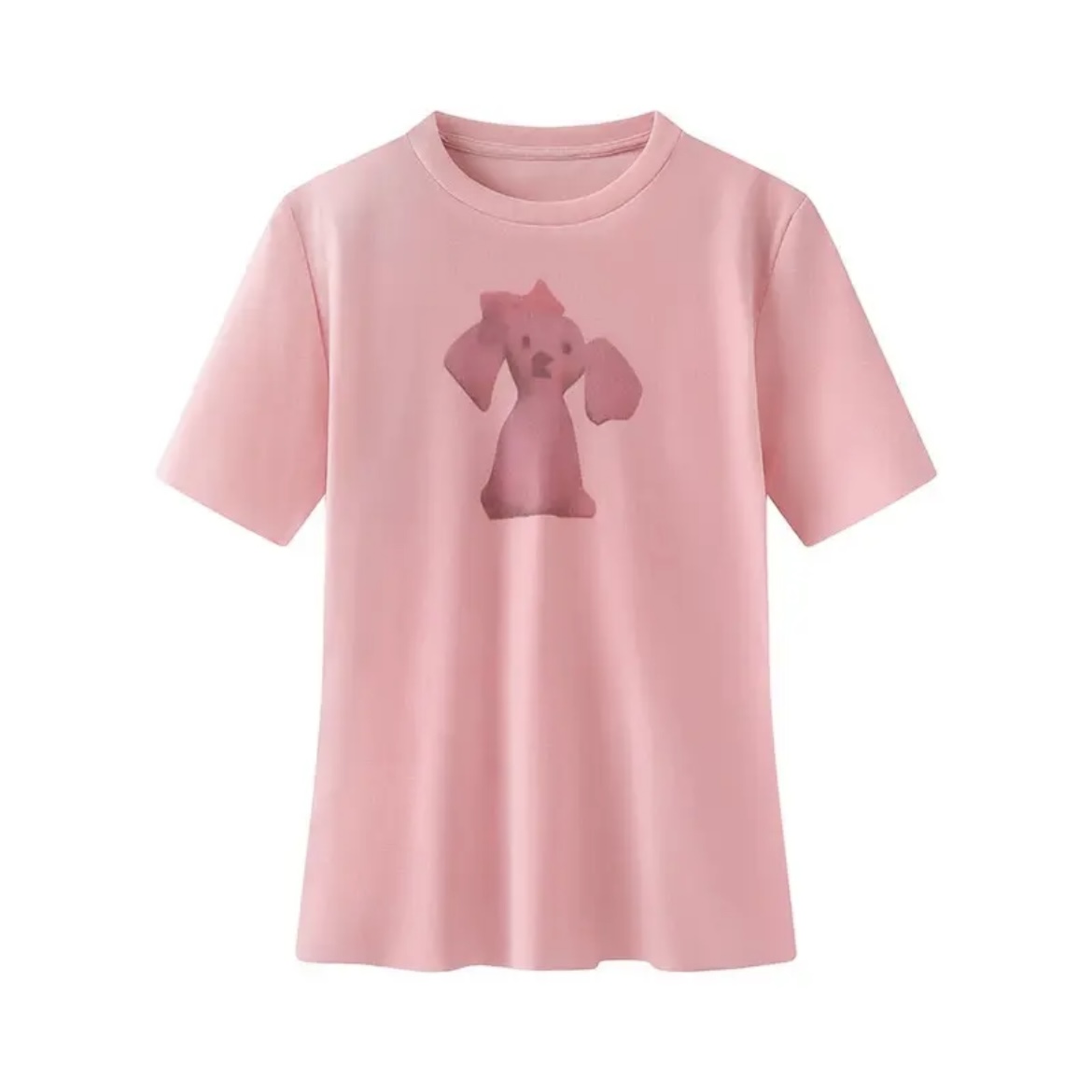 367 卡通狗狗植绒印花T恤圆领微透修身款百搭短袖女春夏新款